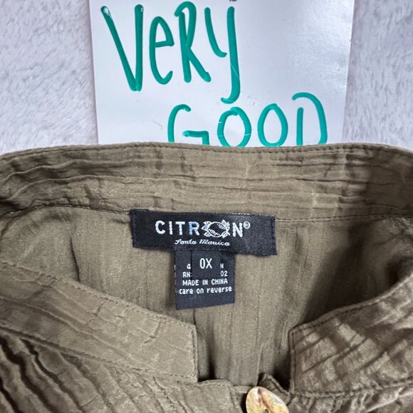 Citron Santa Monica Olive Textured Silk Cotton Blouse Jacket 0X Mandarin Collar - Picture 3 of 8